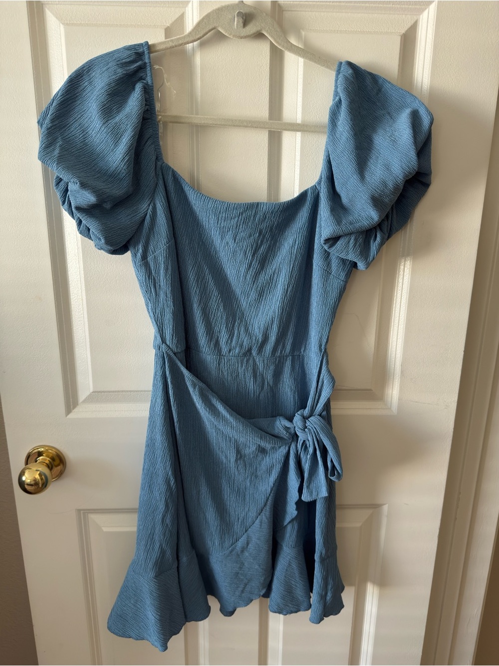 Trixxi Light Blue Puff-Sleeve Wrap Mini Dress
